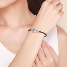 1 件正品 925 純銀圓形扣耀眼透明 Cz 黑色皮革手鍊女士純銀首飾禮物 - 黑色 - 查看 2