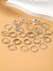 23 Pcs Metal Ornate Faux Pearl Cross  Heart Shape Eyes Star Crescent Moon Ring Set For Women