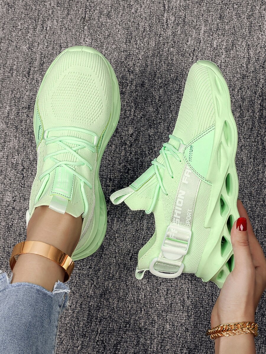 女性透氣針織中空跑步和休閒鞋 - 薄荷綠 - 查看 1