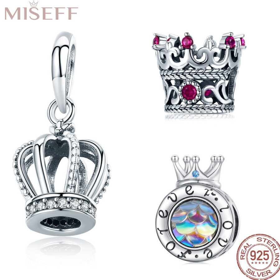 MISEFF MISEFF 1 Pc Sterling Silver Princess Crown Charm Luxury Pendant Elegant For Bracelet Necklace Chains DIY Decoration Jewelry Gift