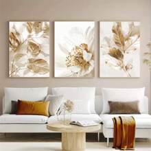 3pcs Sang trọng Vàng Lá cây & Trắng Thiết kế hoa Treo tranh Bộ , Phong cách tối giản tranh sơn dầu In hoa , Hoàn hảo Đối với Phòng khách , Phòng ngủ & Nhà  Đồ trang trí , Đóng khung - Lá và hoa vàng (không khung) - Xem 2