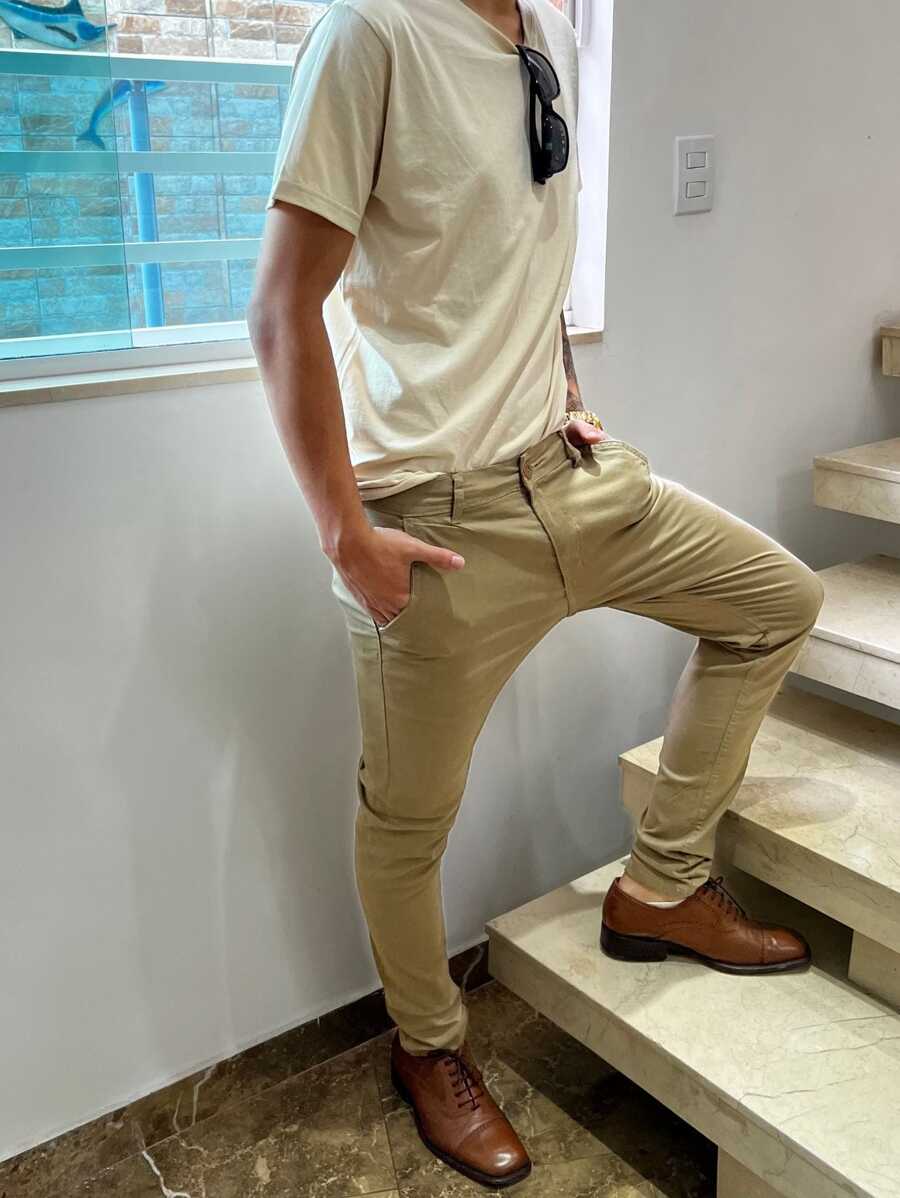 Calça Em Alfaiataria Masculina De Sarja Premium Cor Caqui - Caqui - Visão 1