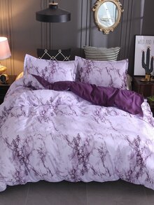 3 cái/bộ Tím Hoa văn đá cẩm thạch Xuống Chăn bông Che phủ Bộ ( Bao gồm 1 Chăn bông Che phủ Và 2 Vỏ gối ) - Màu tím hoa cà - Xem 1