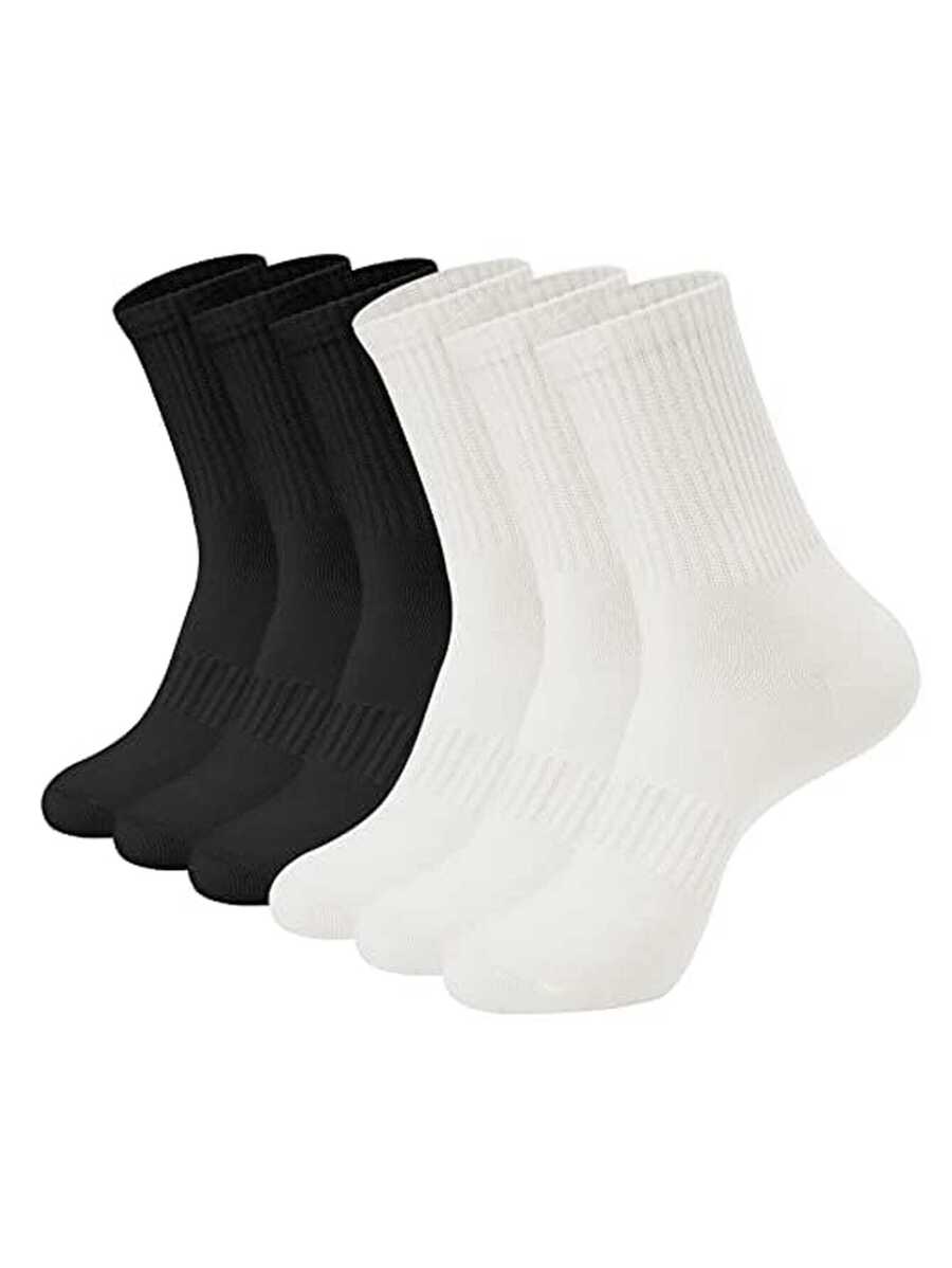 6pairs Solid Color Striped Crew Socks, Suitable For Sports And Daily Wear - Multicolor - View 1