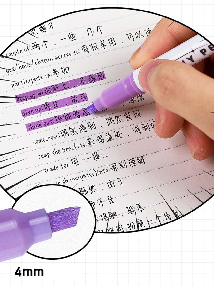 4pcs/set Violet Glitter Highlighter Pen & Colorful Marker Pen For