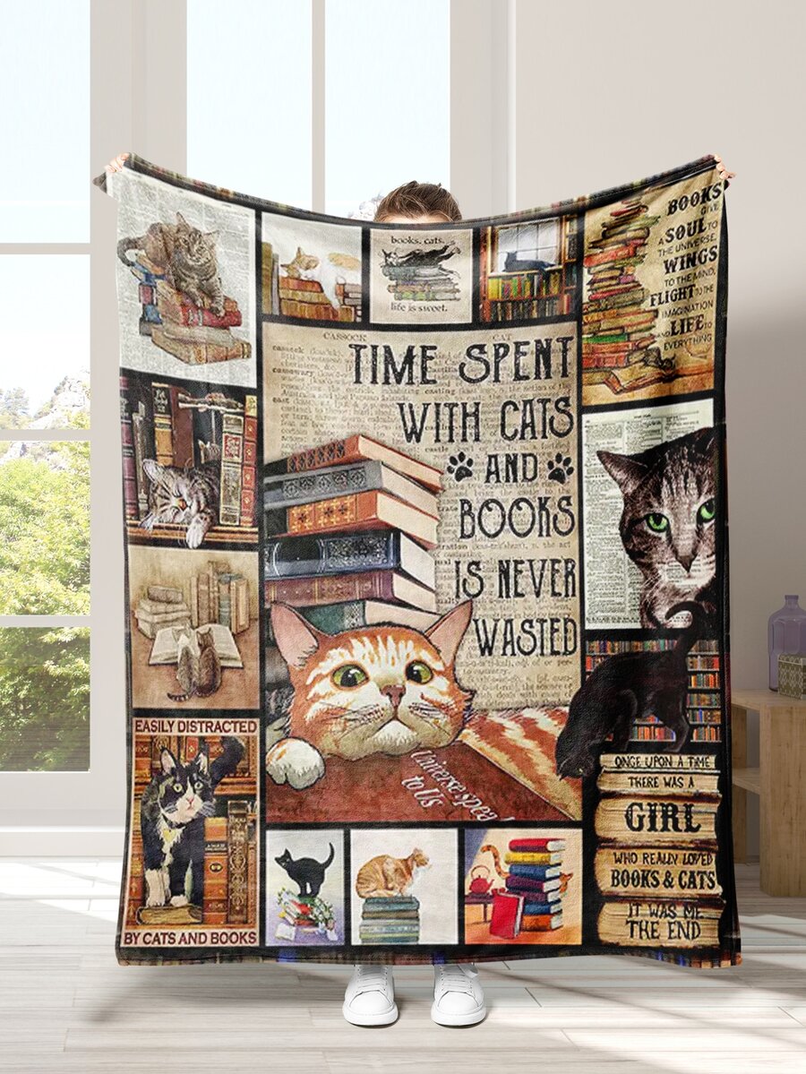 1片絨面毯,可愛貓咪印花毯子,多用途超柔軟毯子,適用於床上、沙發、臥榻等 - 彩色 - 查看 1