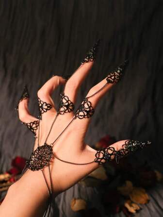 1入組時尚哥特式吸血鬼女巫誇張手指鏈條,萬聖節圓錐流蘇指甲&手掌後配件