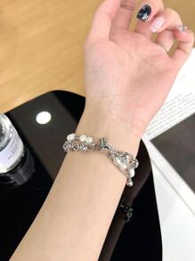 1pc Pearl Bracelet Stainless Steel Watch Band Compatible With Apple Watch 46/38/40/41/42/44/45/49mm, Compatible With Apple Watch S10/9/Ultra/SE/8/7/6/5/4/3/2/1 - Silver - View 5