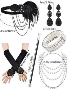 8入組1920年代盖茨比風格配件套裝,包括羽毛頭帶、手套、長珍珠頸鍊、香煙夾和滴垂耳環,適用於派對、舞會、秀場、復古奧黛麗赫本服裝