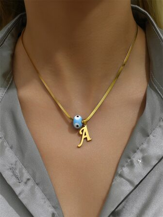 1pc Noble Devil's Eye Fashion Pendant Necklace With Simple Letter Detail, Suitable For Daily Use