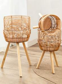 1Pc Handmade Braid Artificial Rattan Plastic Flower Pot with Stand Plant Storage Stand DIY Nursery Pots Home Decor - Apricot - View 7