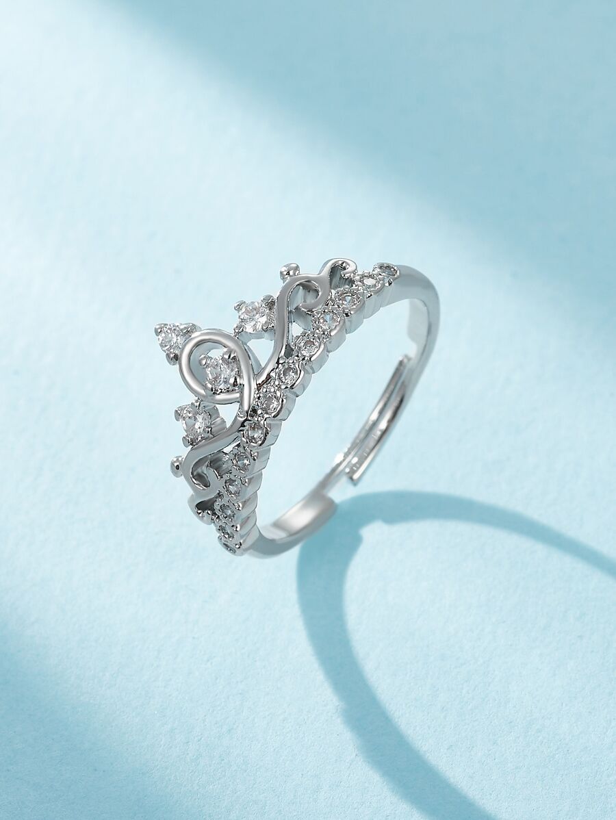 1pc European And American Style Luxurious Cz Stone Crown & Heart Detail Adjustable Opening Ring, Ideal For Classic Bridal Wedding Ring - Silver - View 1