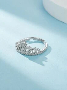 1pc European And American Style Luxurious Cz Stone Crown & Heart Detail Adjustable Opening Ring, Ideal For Classic Bridal Wedding Ring - Silver - View 3