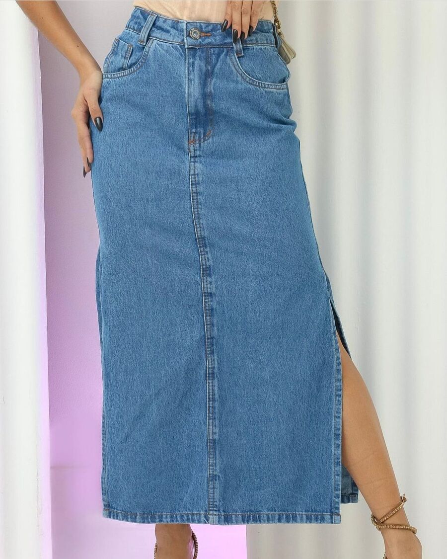 Women Denim Skirts - 中等水洗藍 - 查看 1