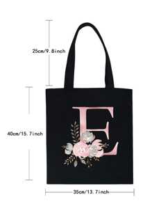 休閒粉色花朵字母印花帆布手提包,大容量女士手袋,可折疊,可重複使用的購物袋,旅行雜貨袋