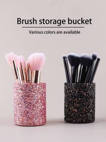 Large Capacity Makeup Brush Storage & Organizer, 1pc Pink Pu Material Sparkly Makeup Brush Holder For Vanity, Desk With Dustproof Cover - Pink - View 1