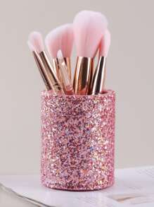 Large Capacity Makeup Brush Storage & Organizer, 1pc Pink Pu Material Sparkly Makeup Brush Holder For Vanity, Desk With Dustproof Cover - Pink - View 4