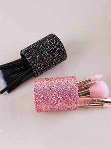 Large Capacity Makeup Brush Storage & Organizer, 1pc Pink Pu Material Sparkly Makeup Brush Holder For Vanity, Desk With Dustproof Cover - Pink - View 3