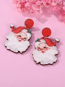 1pair Cute Wooden Santa Claus & Red Hat Drop Earrings, Suitable For Women During Christmas - Multicolor - View 2
