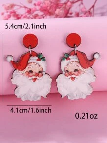 1pair Cute Wooden Santa Claus & Red Hat Drop Earrings, Suitable For Women During Christmas - Multicolor - View 4