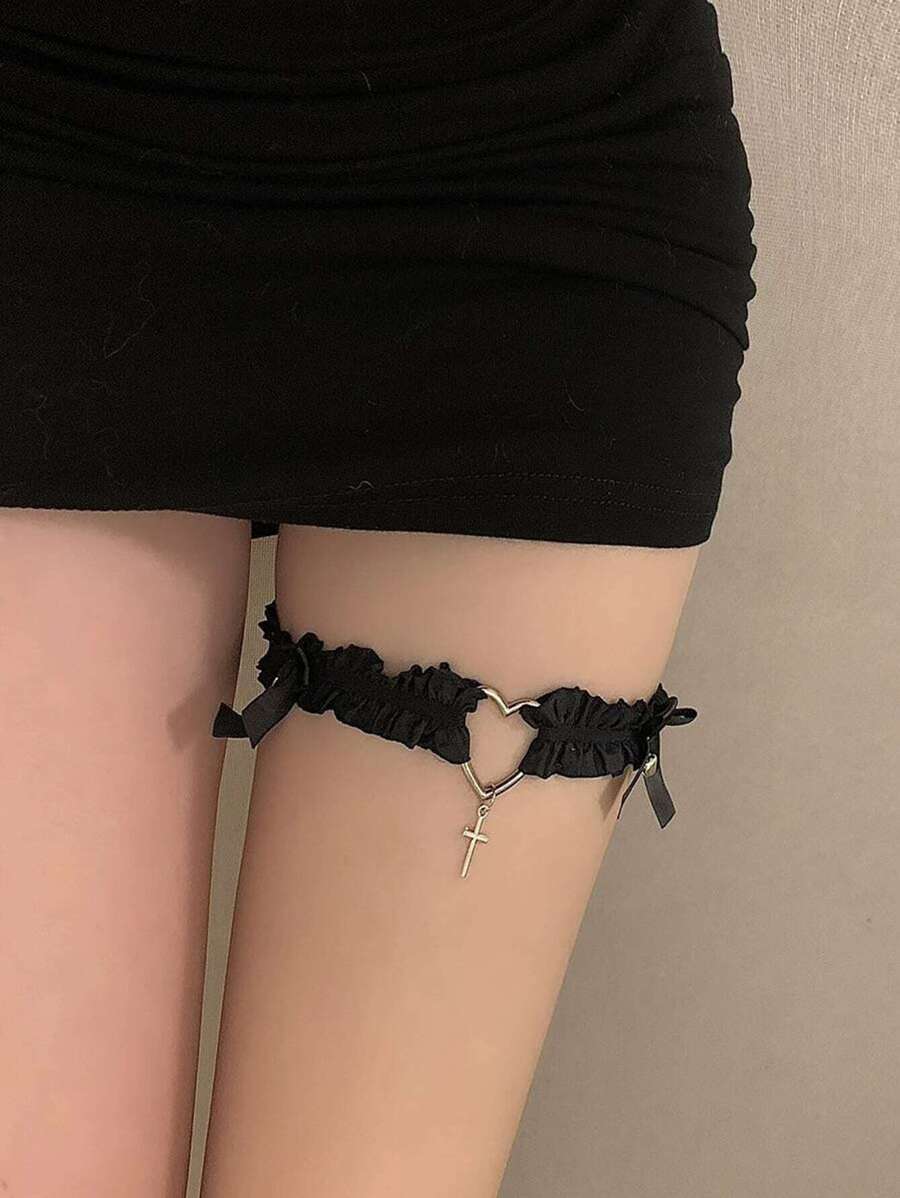 1 件朋克風格蕾絲大腿高彈力吊襪帶帶蝴蝶結、鐘形、心形和十字形吊墜