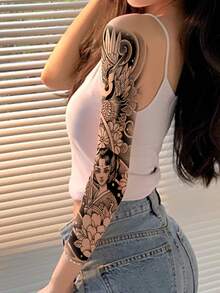 1pc Waterproof Cherry Blossom, Phoenix, Flower , Beauty, Warrior Themed Arm Temporary Tattoo For Men & Women - Black - View 3