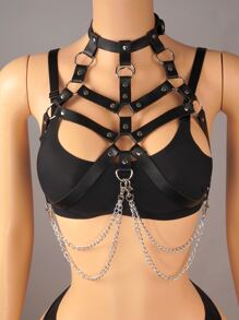 1 件女裝時尚 Pu 皮革胸帶內衣配件鏈條肩帶無袖上衣適合節日派對