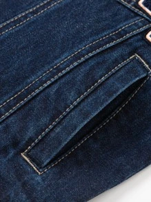 Balabala 1入組青少年男孩字母刺繡圖案翻蓋口袋落肩袖牛仔夾克合適的適合春天和秋天 - 深色水洗藍 - 查看 7