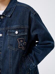 Balabala 1入組青少年男孩字母刺繡圖案翻蓋口袋落肩袖牛仔夾克合適的適合春天和秋天 - 深色水洗藍 - 查看 4