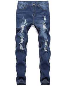 Pantalones pitillo, vaqueros, ripped jeans de denim elástico para hombre - Azul lavado oscuro - Ver 3