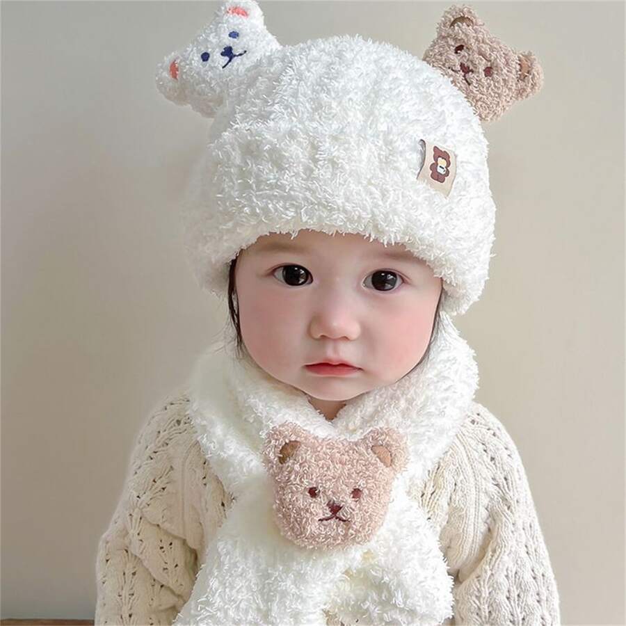 編織嬰兒帽圍巾套裝,冬季兒童無邊帽頸暖寶寶帽子配件男女童幼兒帽子圍巾 - 白色 - 查看 1