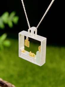 1件頸掛吊墜，魅力慵懶貓咪在家裡，女士S925純銀中帶亞馬遜石項鍊，情人節華麗手工精美女士飾品禮物 - 銀色 - 查看 5