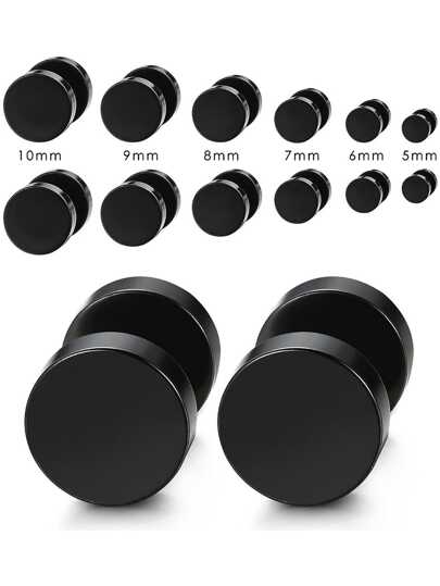 6 Pairs 5mm-10mm Black/Silver/Golden Stud Earrings Men Women Faux Gauges Ear Tunnel Stainless Steel Earrings Set Suitable For Everyday Wear