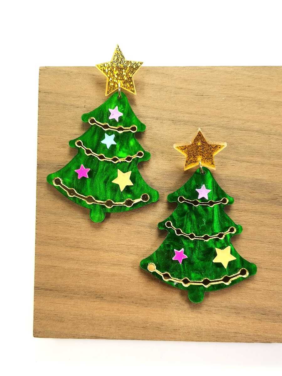 聖誕樹和星形亞克力閃光鏡面吊墜耳環