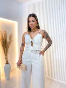 Conjunto Alfaiataria Pantalona com Cropped Alça - Branco - Visão 3