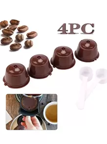 1 Set Of 4 Cups, 2 Spoons, Coffee Filter Cup With Polished Stainless Steel Filter And Simple Stylish Design, Reusable Coffee Capsules For Family Gathering And Party School Supplies - Brown - View 1