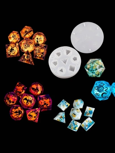 2入組/套7形狀骰子矽膠模具適用於數字遊戲戀人