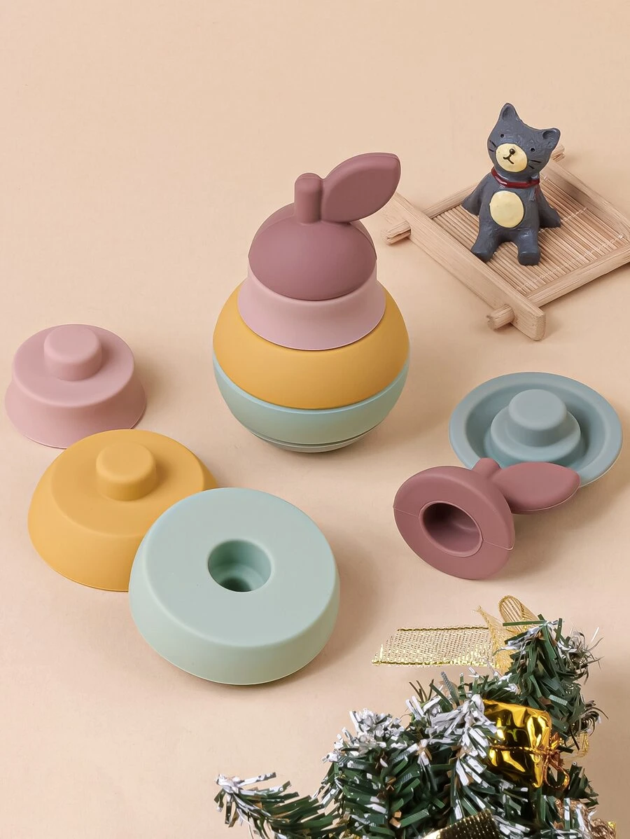 1套兒童矽膠積木卡通梨形疊疊樂玩具寶寶教育玩具 - 綠色 - 查看 1