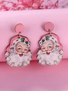 1對甜美清新的木質粉色帽子與聖誕老人耳環,適合女性在聖誕節佩戴 - 彩色 - 查看 1