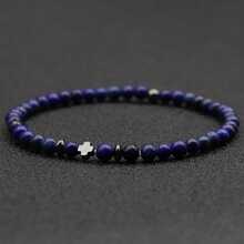 diffone 4mm Natural Stone Bracelet, Men's Hematite Cross & Rice Bead Bracelet, Boyfriend Gift, Men's Bracelet, Yoga Accessory - Navy Blue - View 1