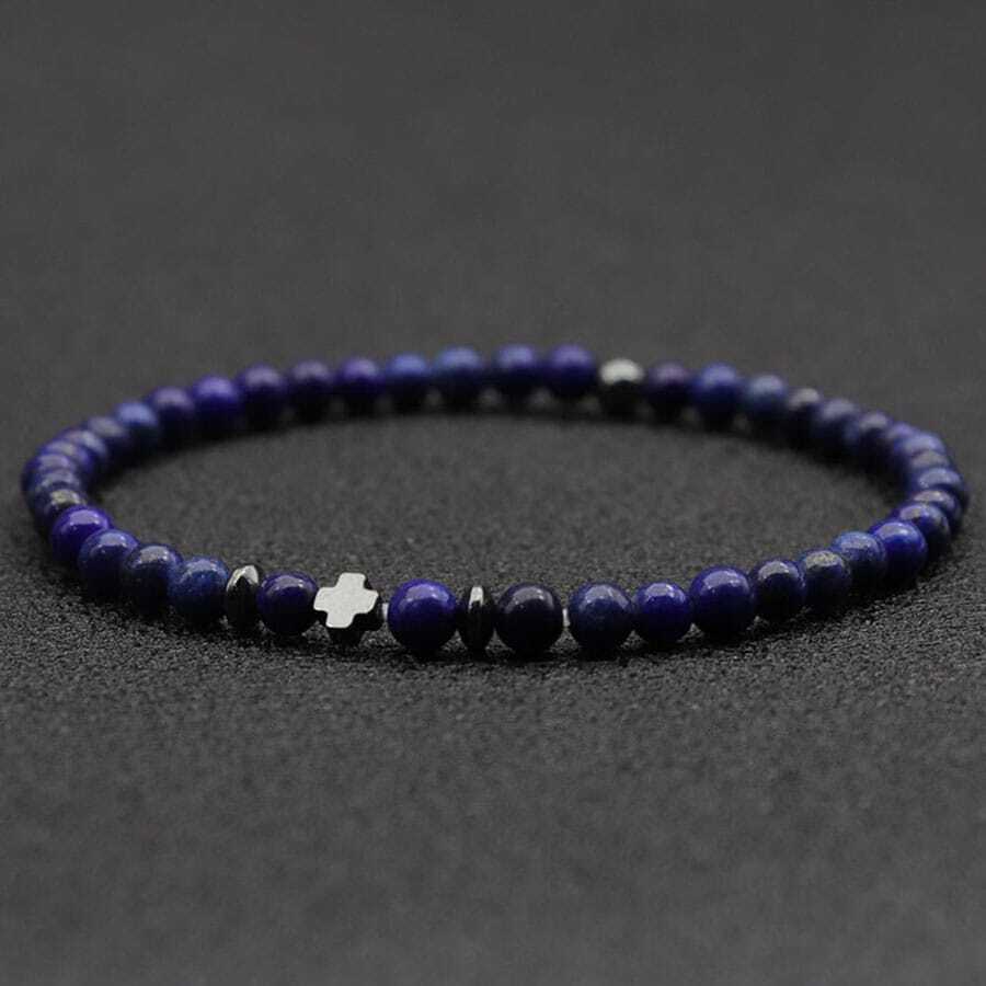 diffone 4mm Natural Stone Bracelet, Men's Hematite Cross & Rice Bead Bracelet, Boyfriend Gift, Men's Bracelet, Yoga Accessory - Navy Blue - View 1