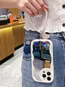 1入組鏡面玻璃+2入組白色/米色心形手提帶/肩帶,白色/米色/奶油色紋理材料手機殼兼容蘋果/三星/小米/紅米/infinix/vivo/oppo - 白色 - 查看 5