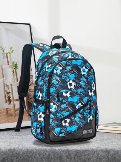 足球印花背包,學生肩袋,時尚,休閒,旅行,電腦,透氣網帶背帶,多功能背包