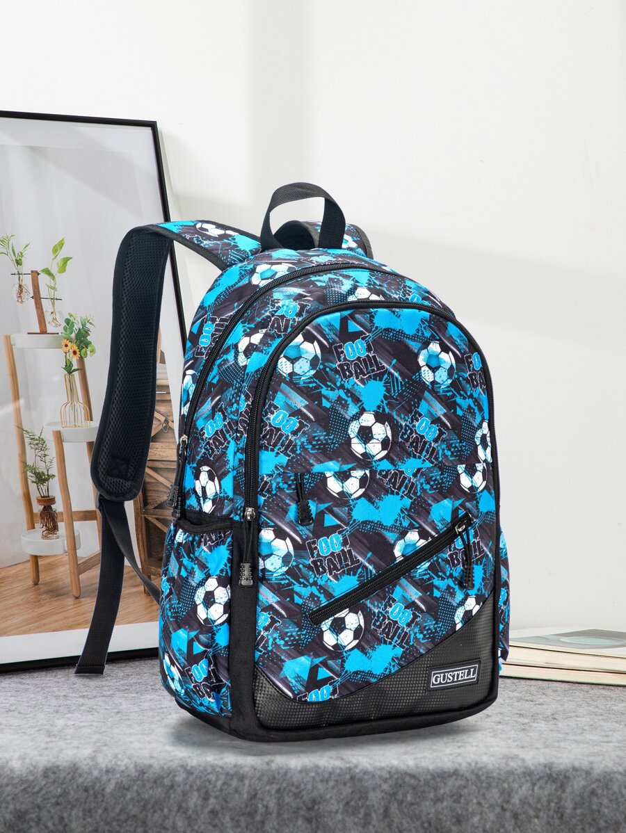 足球印花背包,學生肩袋,時尚,休閒,旅行,電腦,透氣網帶背帶,多功能背包 - 藍色 - 查看 1