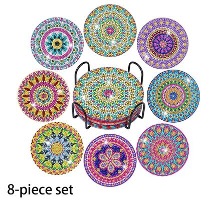 Bộ 8 miếng lót ly họa tiết hoa Mandala đính kim cương DIY kèm máy tập bụng không đối xứng và giá đỡ cốc