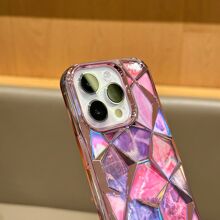 1 件粉色 Imd 電鍍防摔保護殼,帶鑽石網格和大理石設計貼紙,兼容 Iphone - 粉色 - 查看 11