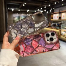 1 件粉色 Imd 電鍍防摔保護殼,帶鑽石網格和大理石設計貼紙,兼容 Iphone - 粉色 - 查看 9