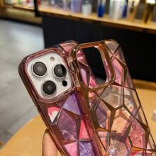 1 件粉色 Imd 電鍍防摔保護殼,帶鑽石網格和大理石設計貼紙,兼容 Iphone - 粉色 - 查看 12
