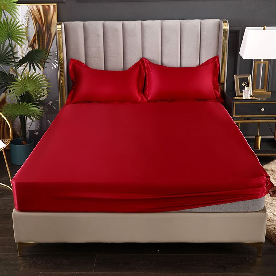 1 tấm bảo vệ nệm bằng lụa mô phỏng có độ bóng cao, có thể giặt được, trang trí phòng ngủ - Đỏ - Xem 1