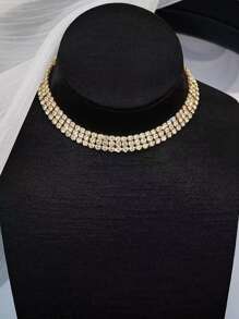 1 件女式 3 排闪亮锆石水钻项链，银白色，适合度假、晚会 - 金色 - 查看 4